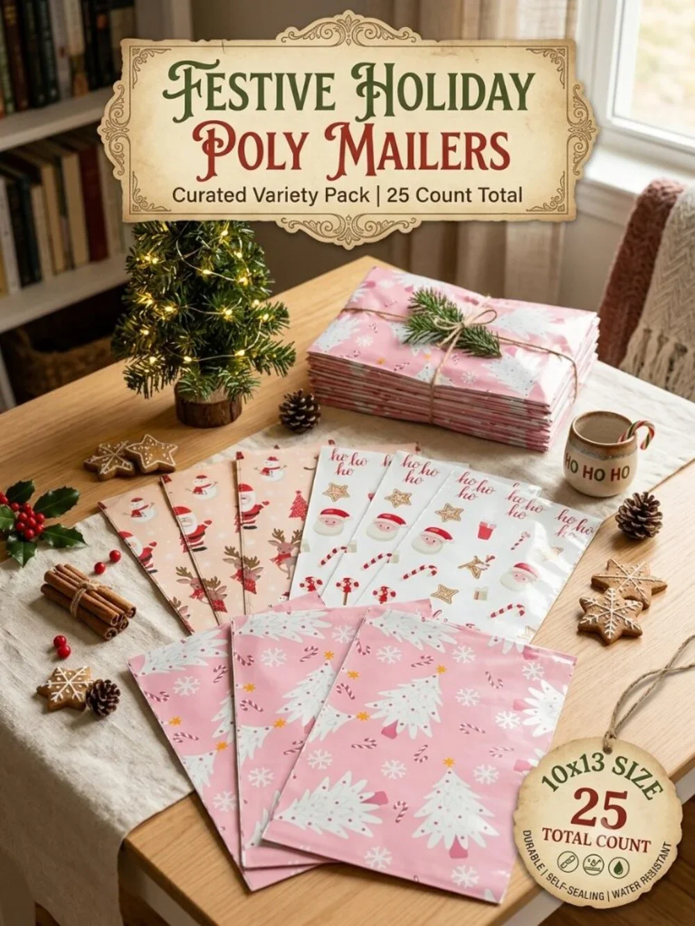 Christmas Poly Mailers Variety Pack 10x13 Pink Tree Snowman Ho Ho Ho 25 Count